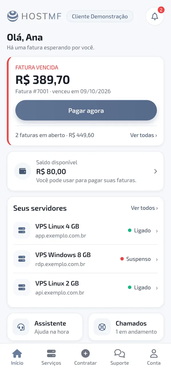 HostMF Cloud app home screen