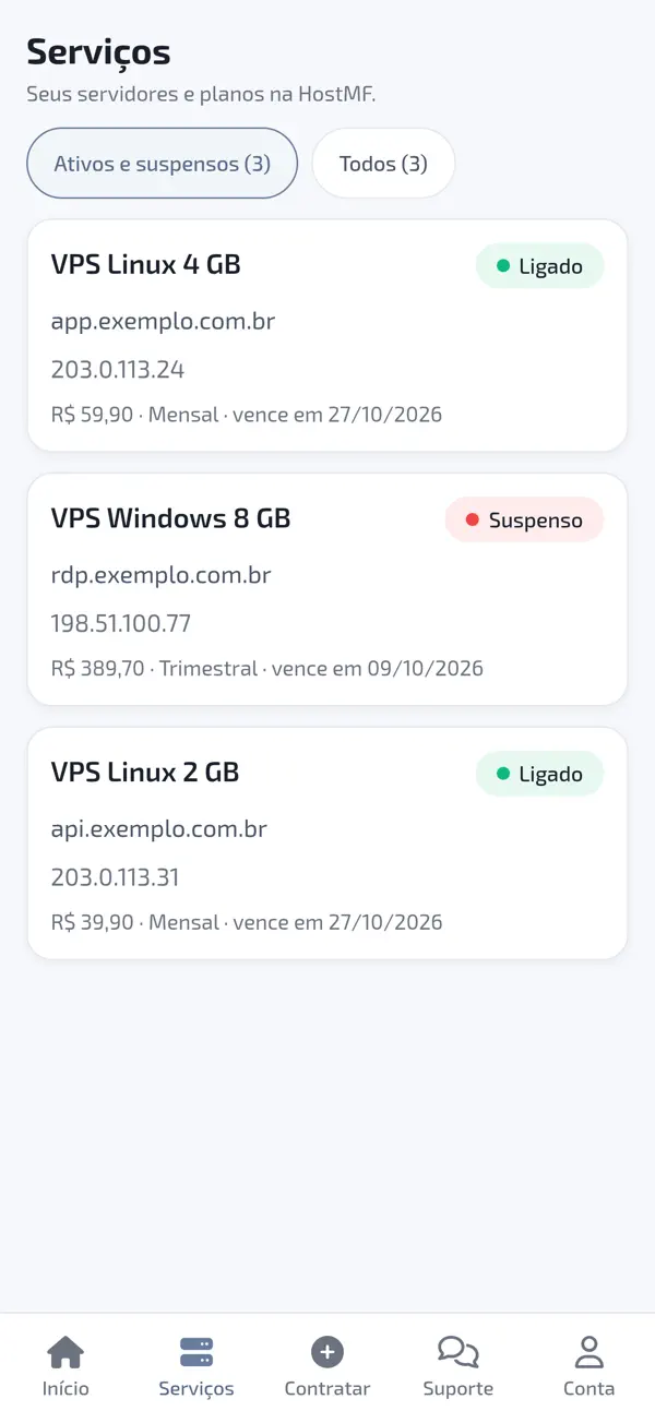 List of the customer's servers and plans