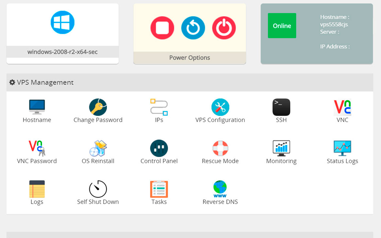VPS control panel screenshot 1
